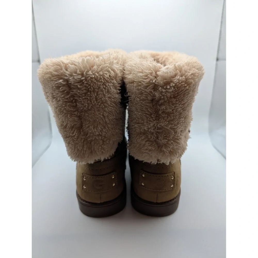 G by Guess‎ Aussie Chestnut Faux Suede Shearling Cuff Boots Womens 7M Rhinestone